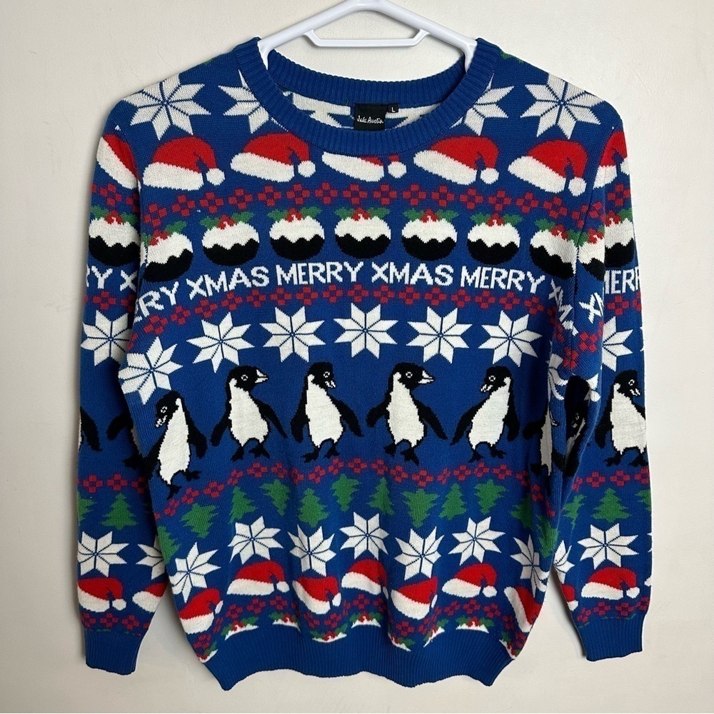 Jake Austin Fair Isle Ugly Christmas Sweater Penguins Men's size Large Blue Red